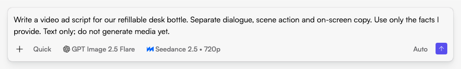 Start with a script-only request in Chat. The sample text has not been submitted and no media has been generated. Actual Fogza UI rendered with sample data; not a customer result.