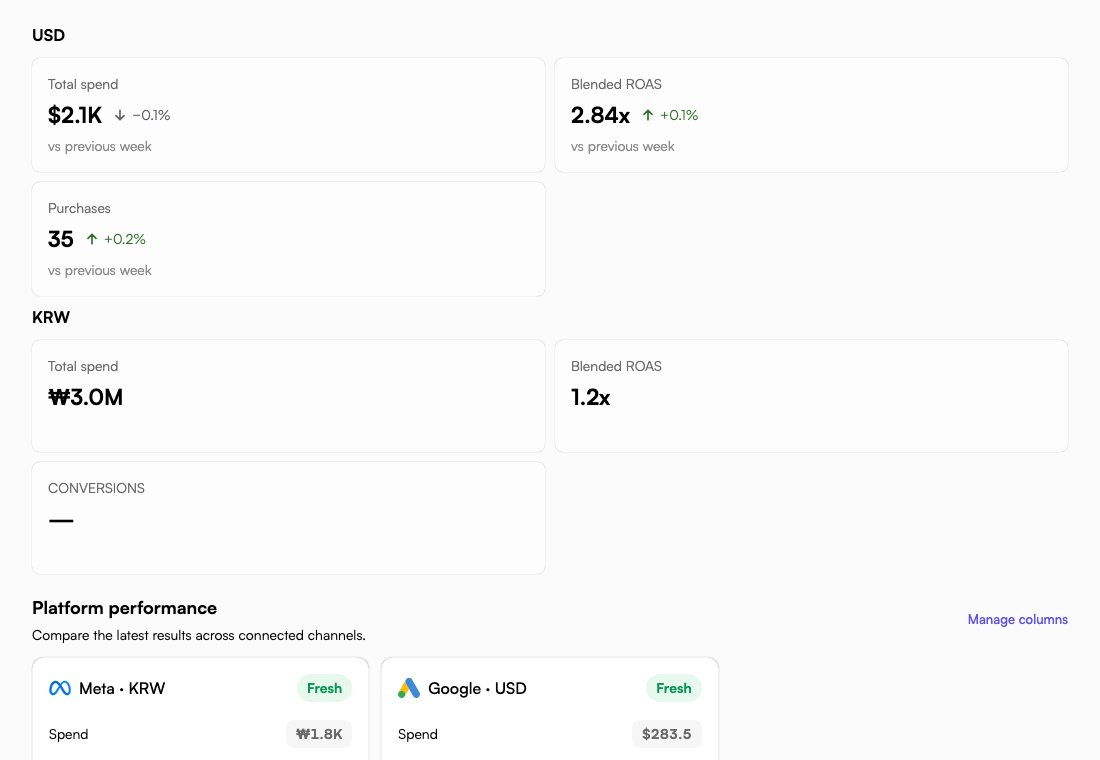 Open Ad Monitor for connected advertising accounts and review campaign results for the selected period. Actual Fogza UI rendered with sample data; not a customer result.