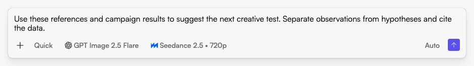 Start in Fogza Chat: describe the task, audience and available assets before sending your request. Actual Fogza UI rendered with sample data; not a customer result.