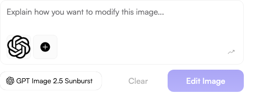 Use Chat to Edit for an available image project when requesting a language revision. This sample composer does not show a completed translation. Actual Fogza UI rendered with sample data; not a customer result.