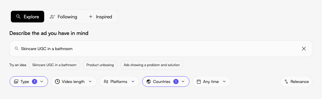 Open Inspiration, describe the reference ad you want to find, and refine the available filters. Actual Fogza UI rendered with sample data; not a customer result.