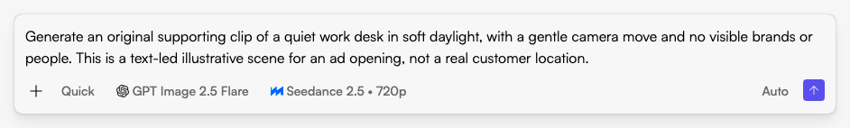Start in Fogza Chat with a specific ai stock video generator request. This example text has not been submitted. Actual Fogza UI rendered with sample data; not a customer result.