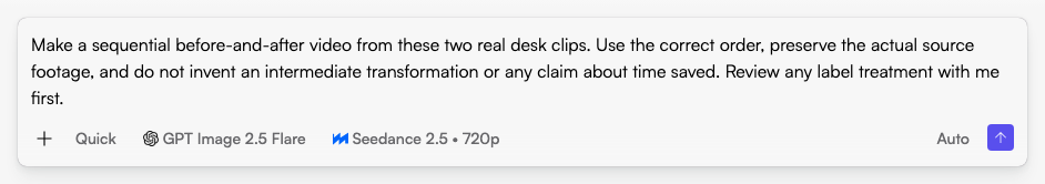 Start in Fogza Chat with a specific before and after video maker request. This example text has not been submitted. Actual Fogza UI rendered with sample data; not a customer result.