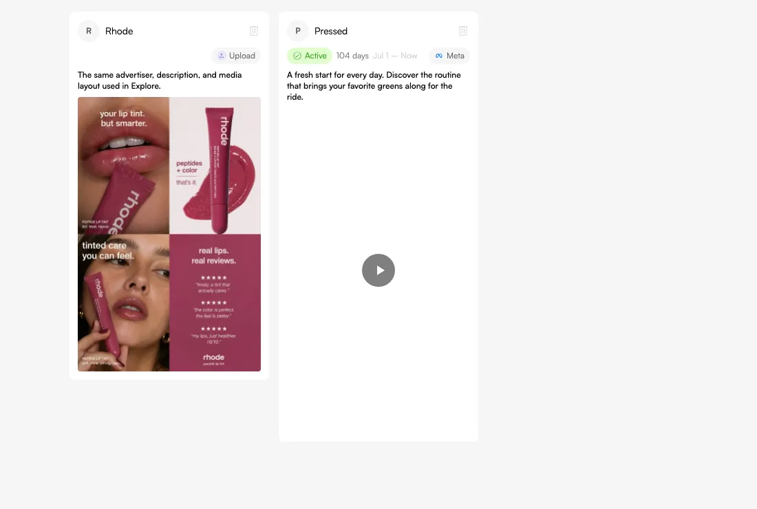 Keep useful reference ads in Inspiration and bring eligible references into your next creative brief. Actual Fogza UI rendered with sample data; not a customer result.