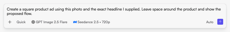 Start in Fogza Chat: describe the task, audience and available assets before sending your request. Actual Fogza UI rendered with sample data; not a customer result.