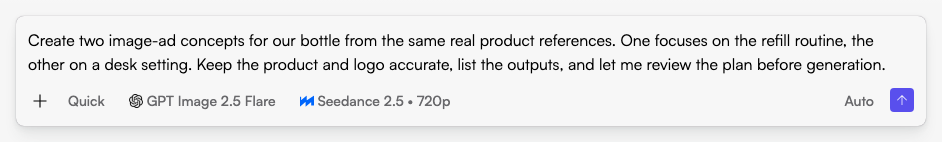Start in Fogza Chat with a specific batch ad creative generator request. This example text has not been submitted. Actual Fogza UI rendered with sample data; not a customer result.