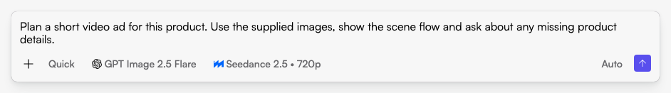 Start in Fogza Chat: describe the task, audience and available assets before sending your request. Actual Fogza UI rendered with sample data; not a customer result.