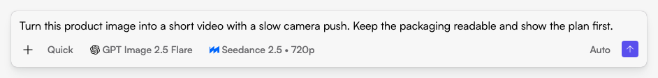 Start in Fogza Chat: describe the task, audience and available assets before sending your request. Actual Fogza UI rendered with sample data; not a customer result.