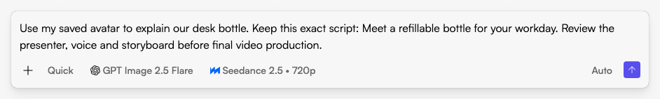 Reference a saved presenter and approved message in Chat. This sample request has not been submitted. Actual Fogza UI rendered with sample data; not a customer result.
