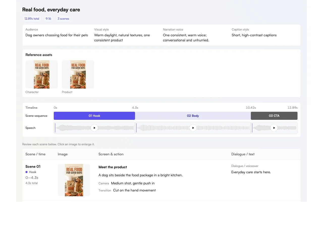 Review prepared speech and scenes in the storyboard when continuing into video. Sample storyboard; not an audio or video generated for this guide. Actual Fogza UI rendered with sample data; not a customer result.