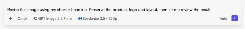 Start in Fogza Chat: describe the task, audience and available assets before sending your request. Actual Fogza UI rendered with sample data; not a customer result.
