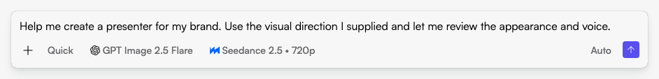Start in Fogza Chat: describe the task, audience and available assets before sending your request. Actual Fogza UI rendered with sample data; not a customer result.