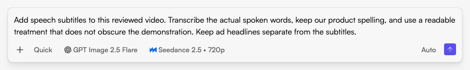Start in Fogza Chat with a specific ai caption generator for video request. This example text has not been submitted. Actual Fogza UI rendered with sample data; not a customer result.