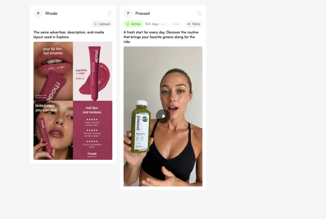 Start from an eligible reference ad in Inspiration and use it as context for your own creative brief. Actual Fogza UI rendered with sample data; not a customer result.