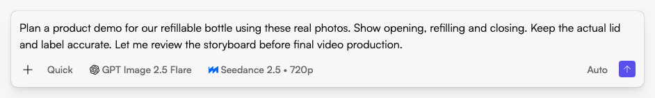 Start in Fogza Chat with a specific product demo video maker request. This example text has not been submitted. Actual Fogza UI rendered with sample data; not a customer result.